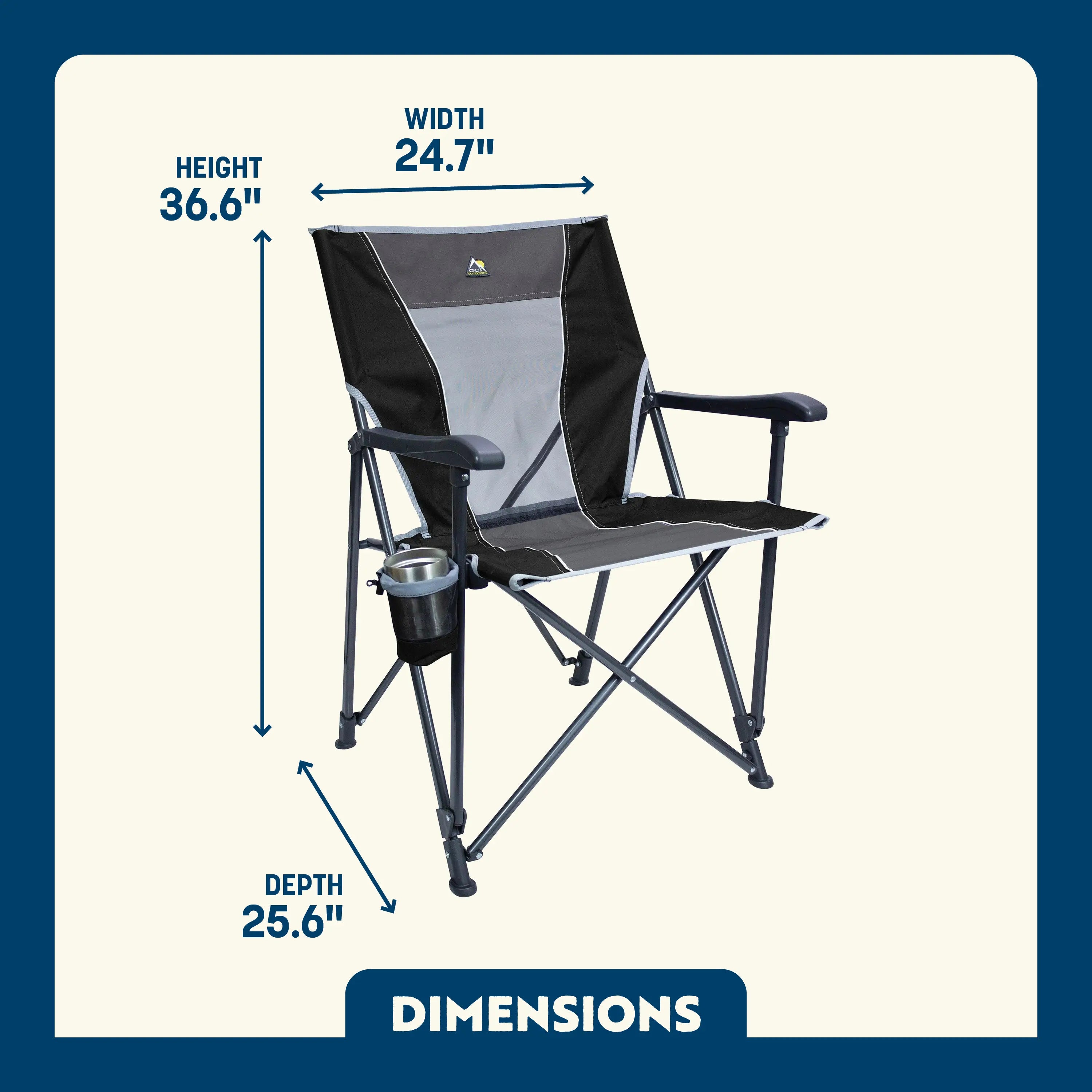 GCI Outdoor Eazy Chair with cupholder, labeled dimensions: 36.6" height, 24.7" width, 25.6" depth.