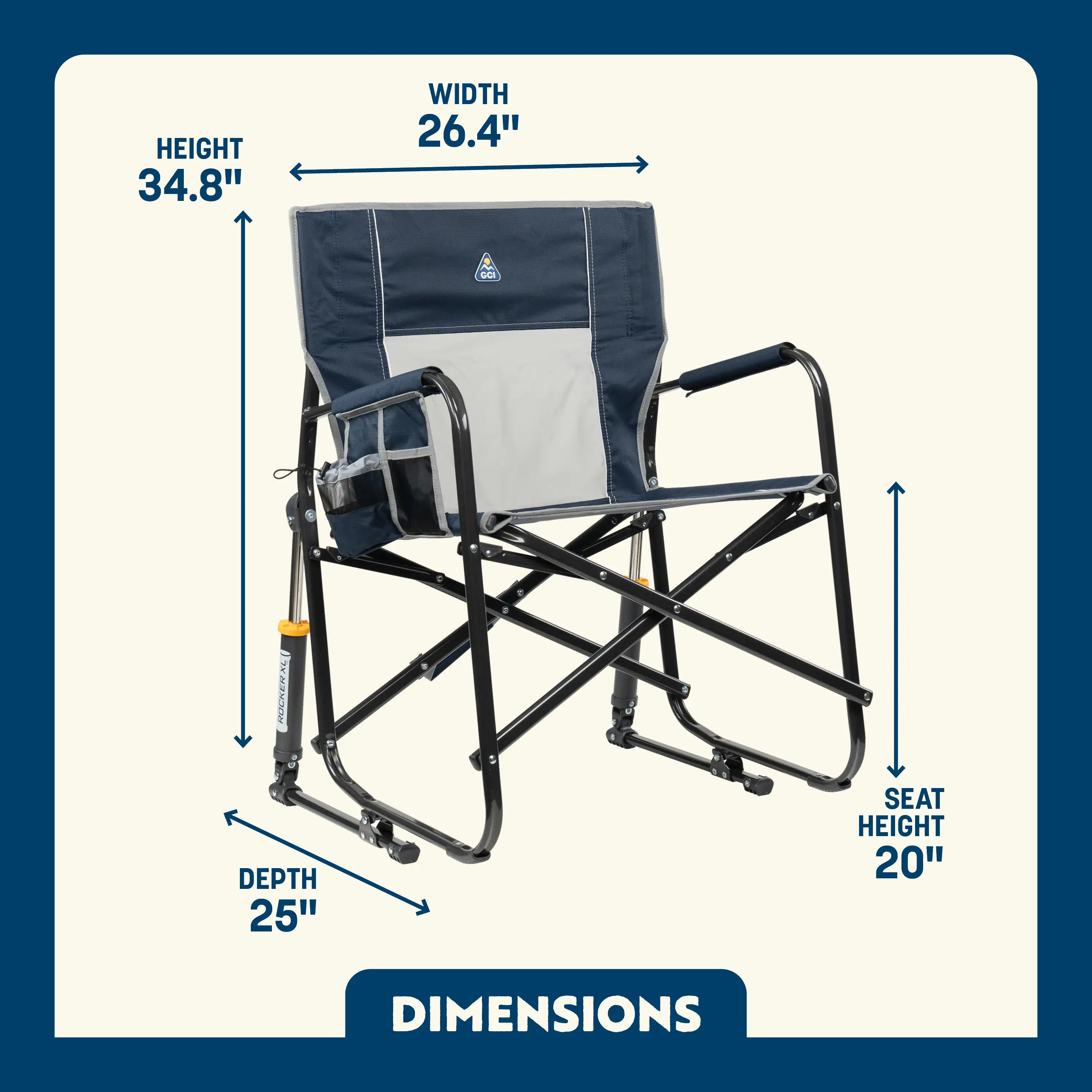 Indigo Freestyle Rocker XL shown upright with labeled height, width, depth, and seat height; includes cupholder.