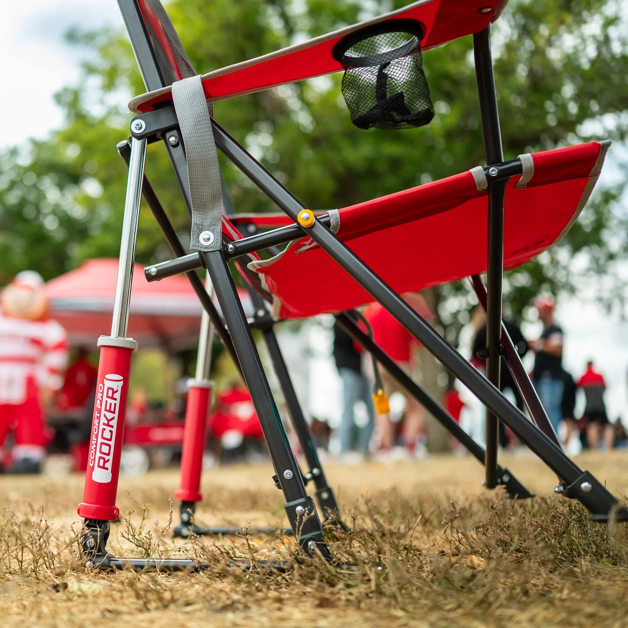 Upclose angle of the spring action rocking technology on the ohio state comfort pro rocker.