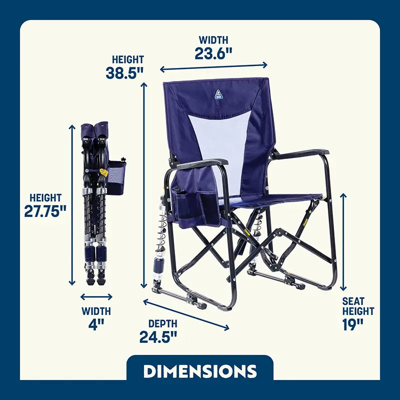 Camping chair with dimensions labeled on a blue and white background