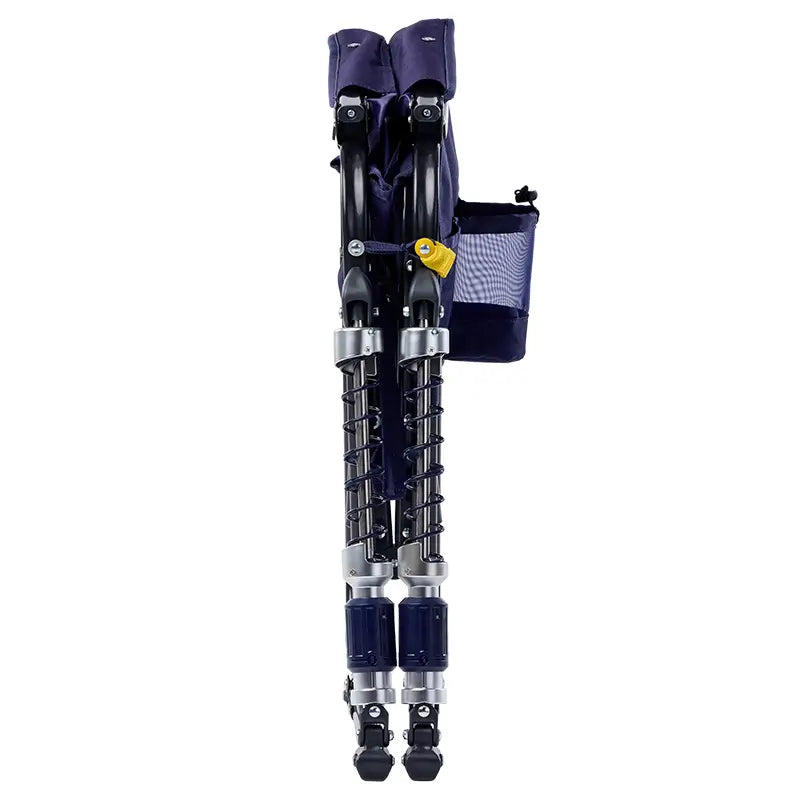 Blue folding chair fully collapsed on a white background