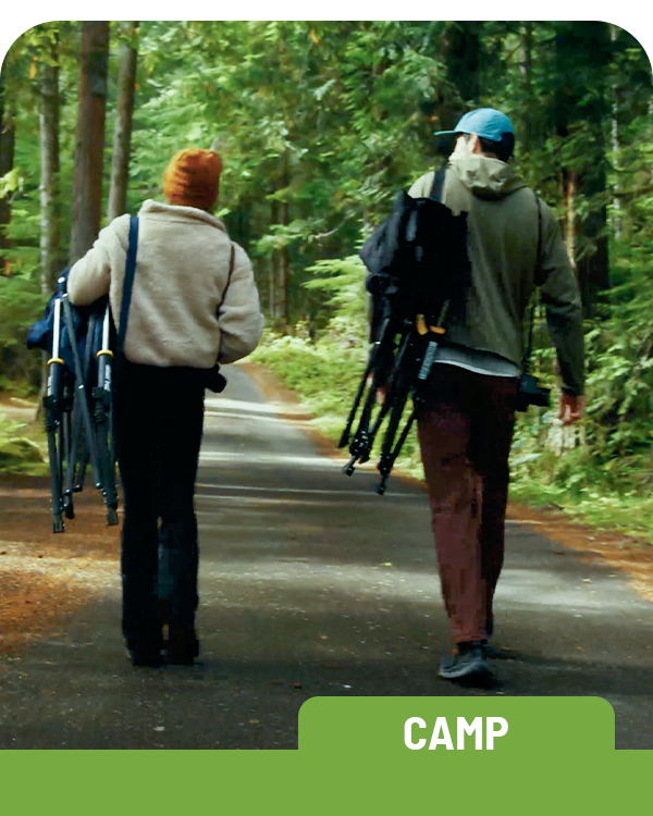 Two people walking on a path in a forest with camping gear, labeled 'CAMP'.