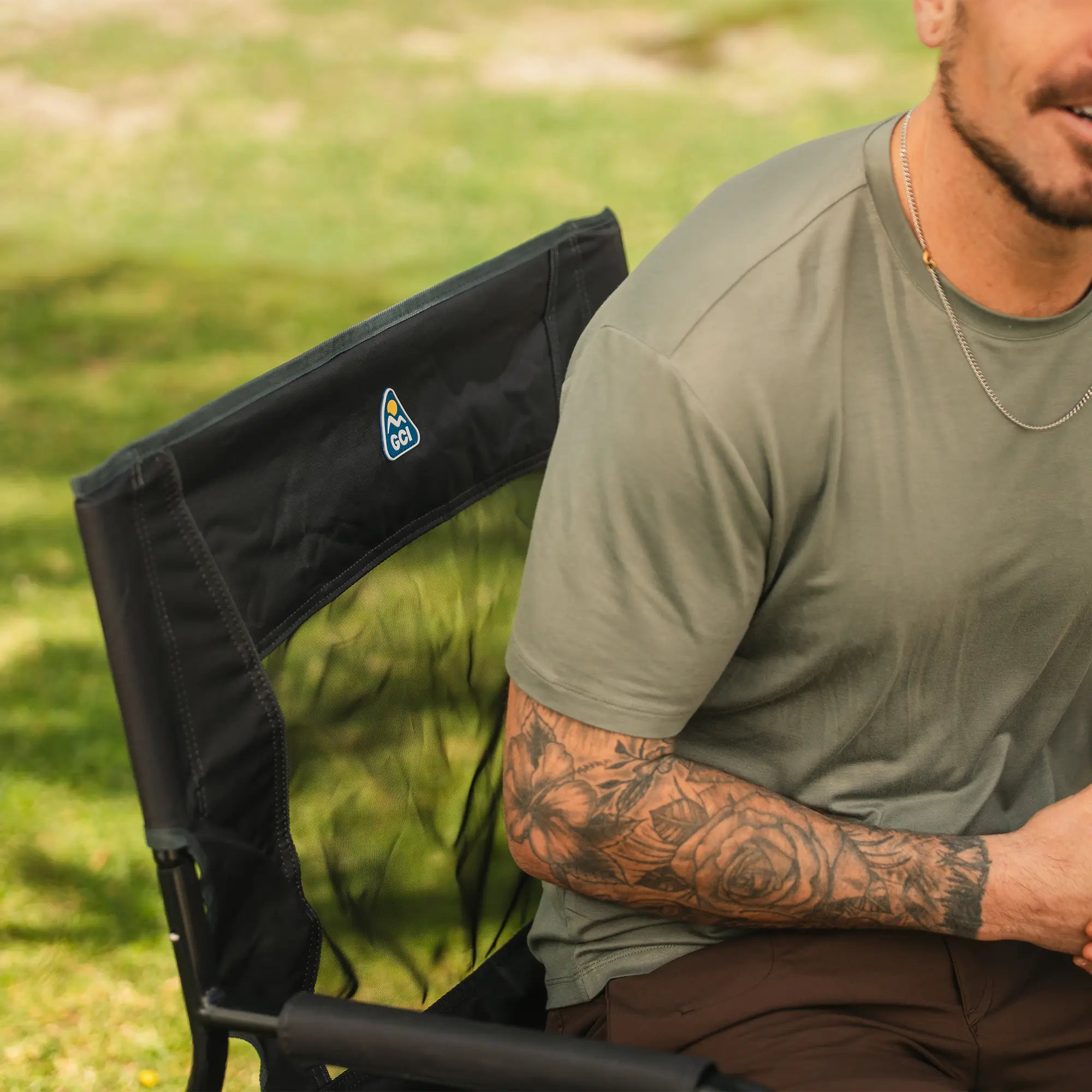 The mesh backrest of the Slim-Fold Directors Chair XL.