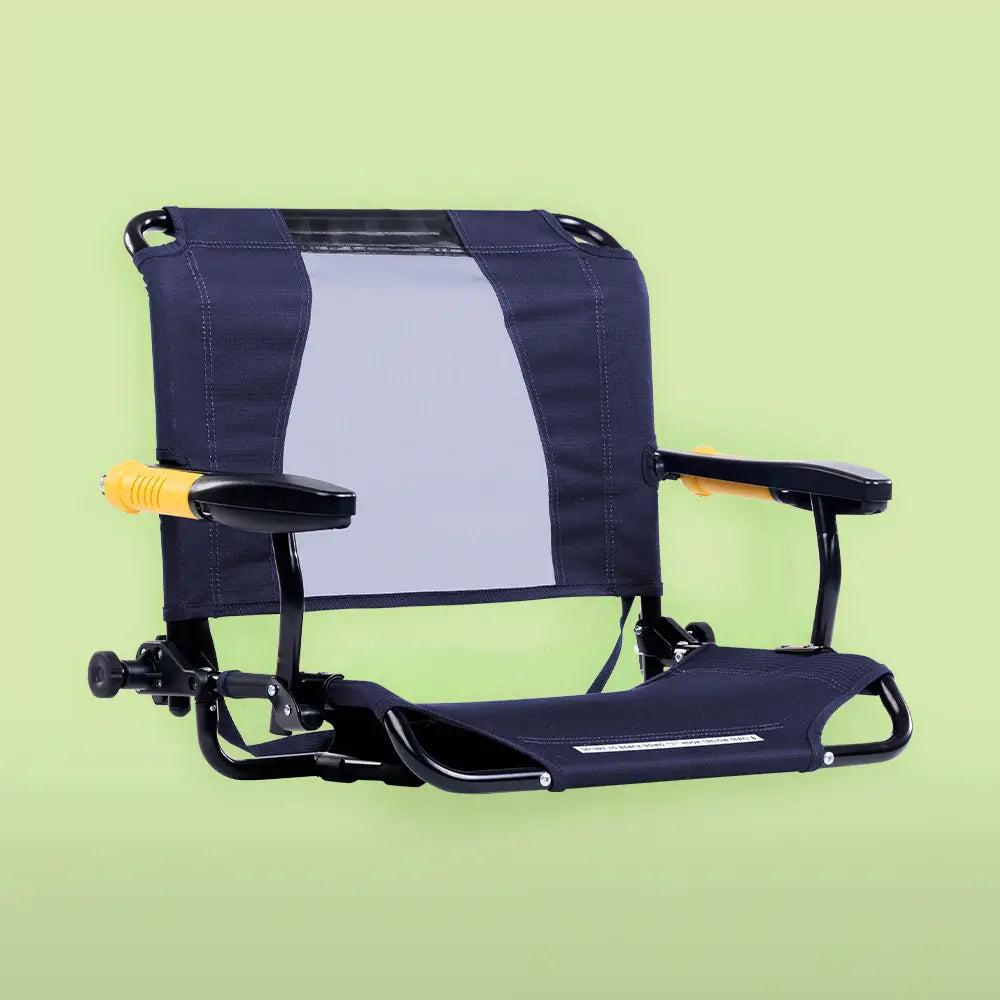 An indigo Stadium Rock-Cliner chair in front of a green background.