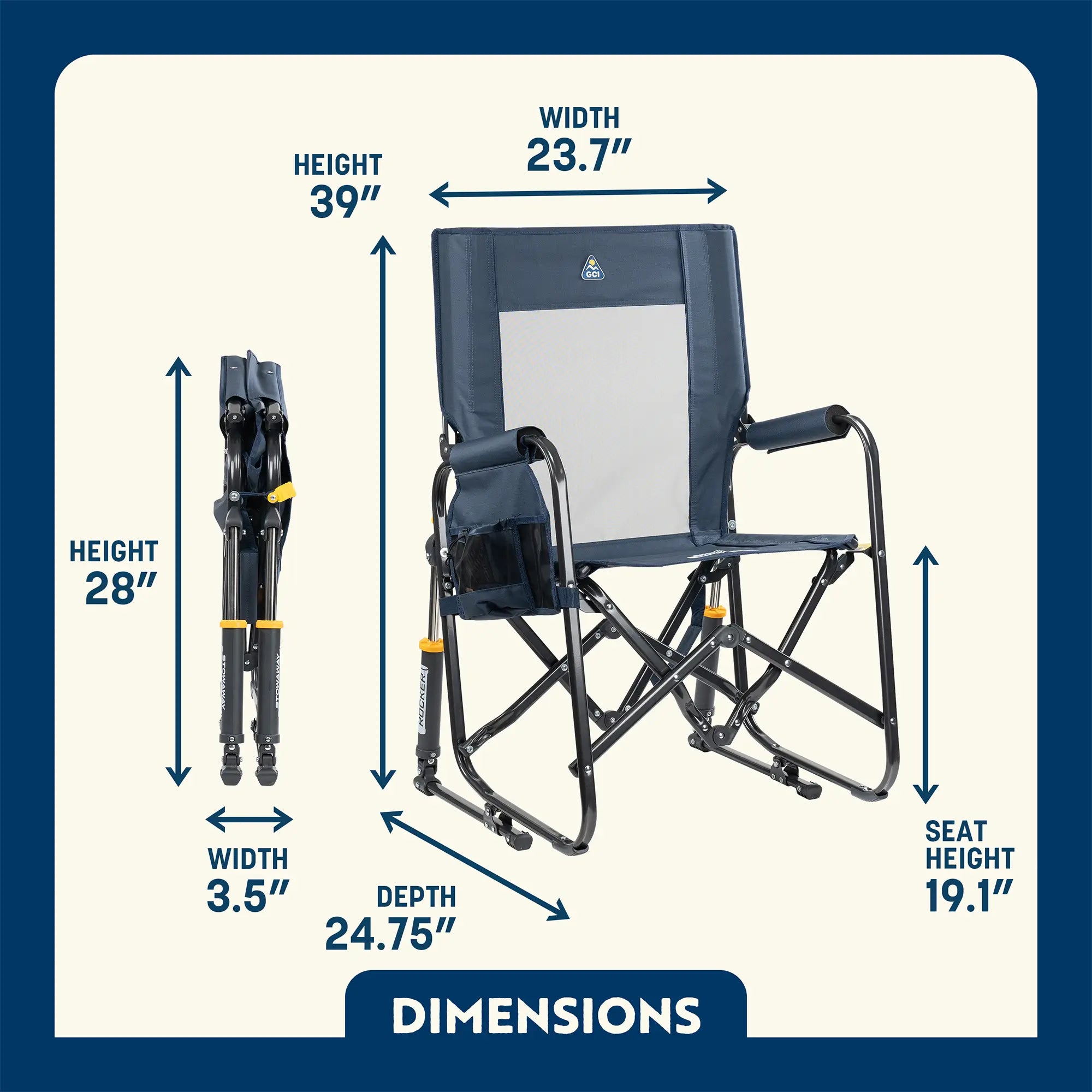 all-groups A dimensions overview of the height, width and depth of the Stowaway Rocker.