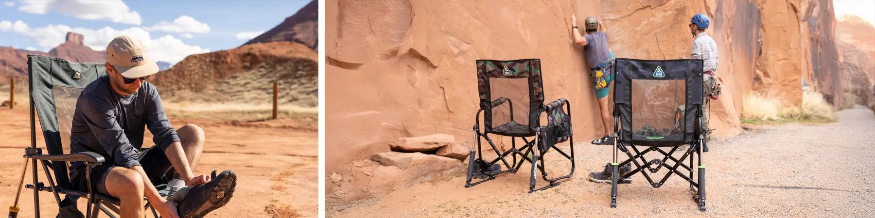Man relaxes in comfort pro rocker near desert cliffs; two people rock climbing beside two stowaway rockers.