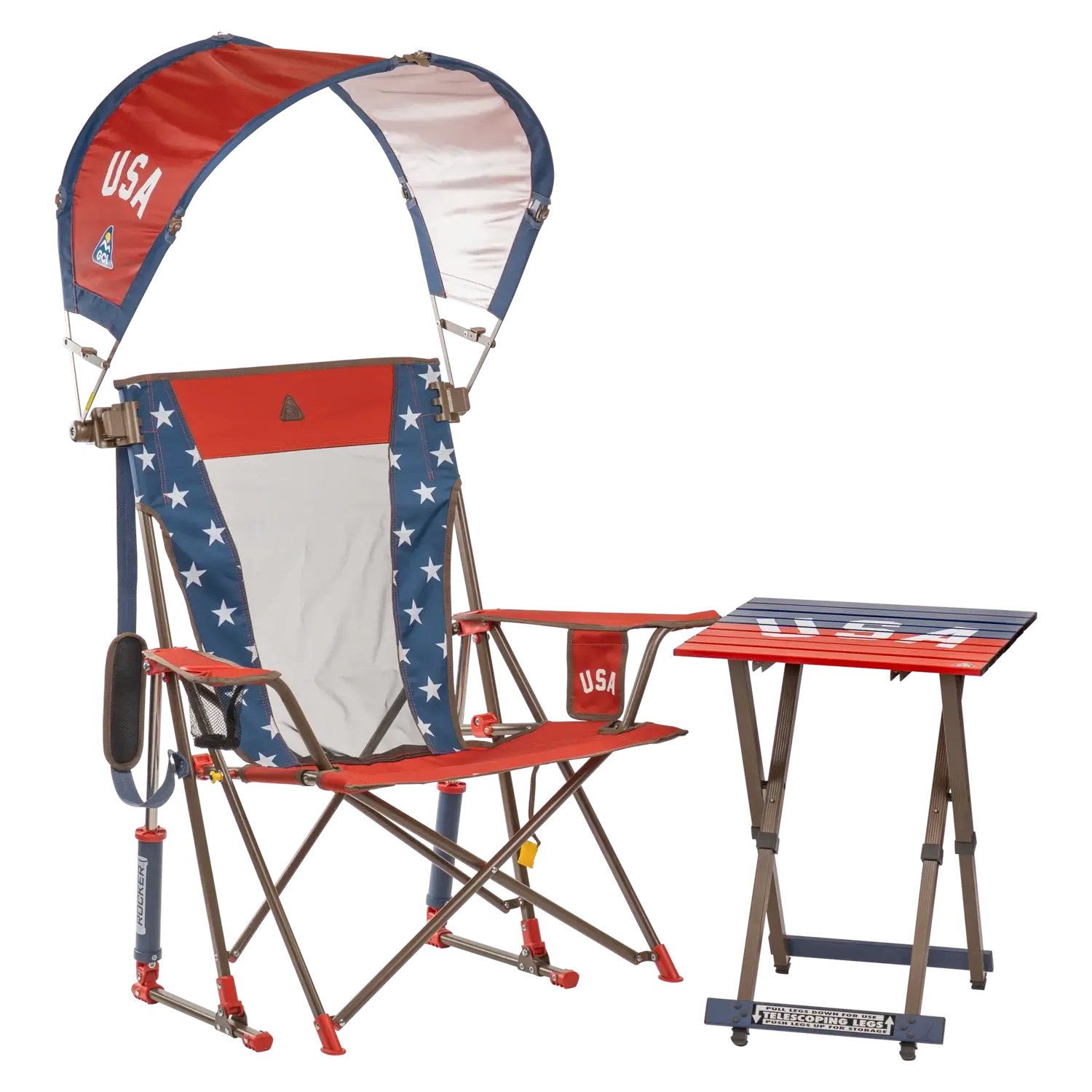 USA Anniversary Deluxe Bundle featuring Comfort Pro Rocker camping chair with patriotic red, white, and blue stars and stripes design, Camp Table 20 portable folding table, and SunShade Accessory canopy.