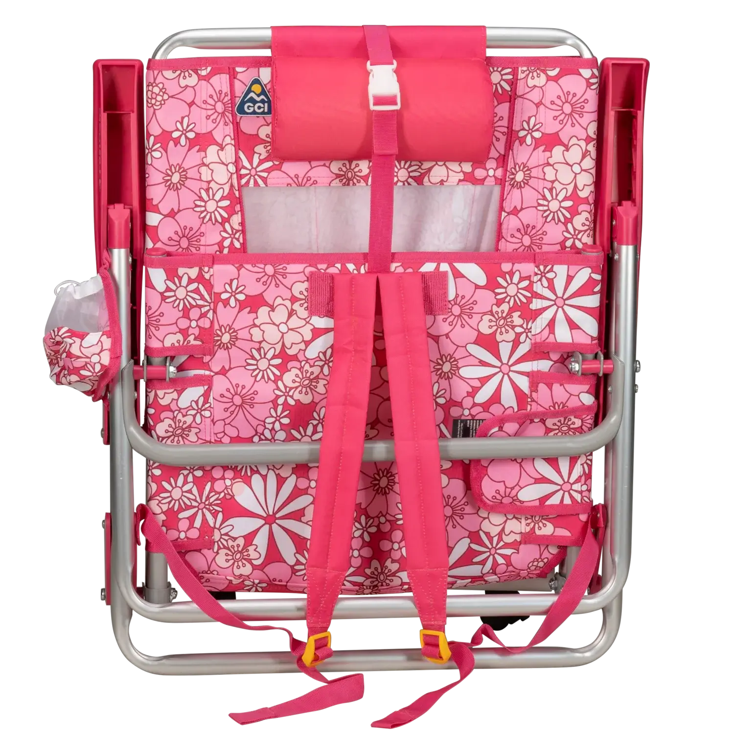 Front angle of the backpack straps on the folded Backpack Beach Chair in floral sport pink print.