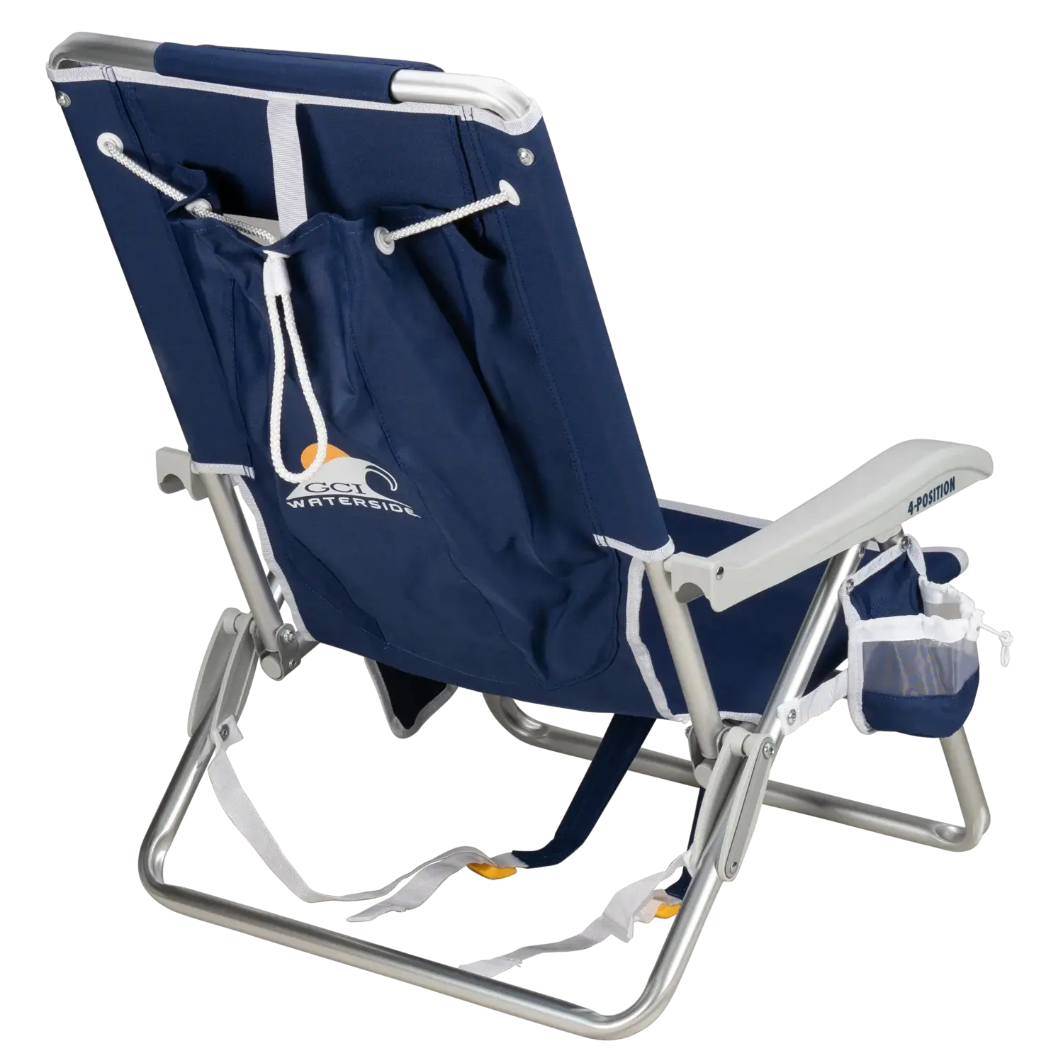 Back right angle of the Backpack Beach Chair in nautical blue.