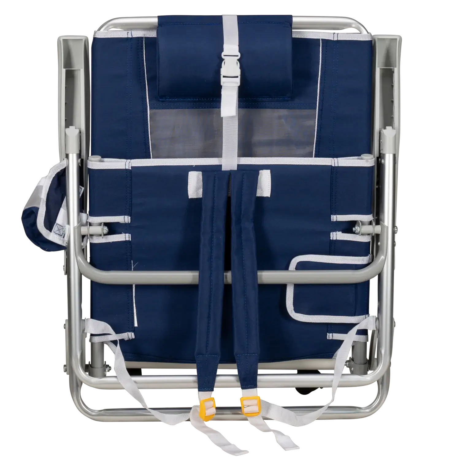 Backpack straps of the folded Backpack Beach Chair in nautical blue.