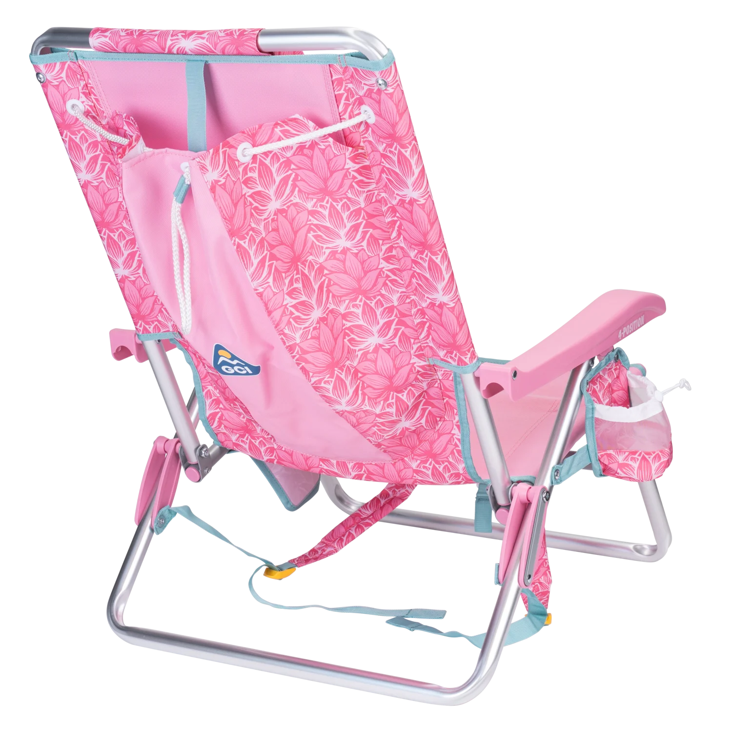 Back right angle of the Backpack Beach Chair in pink lotus print.