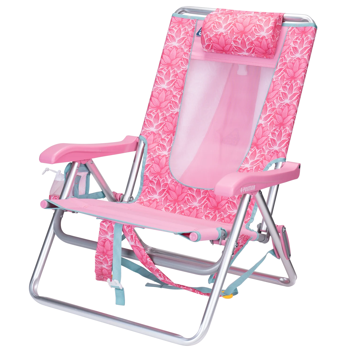 Front left angle of the Backpack Beach Chair in pink lotus print.