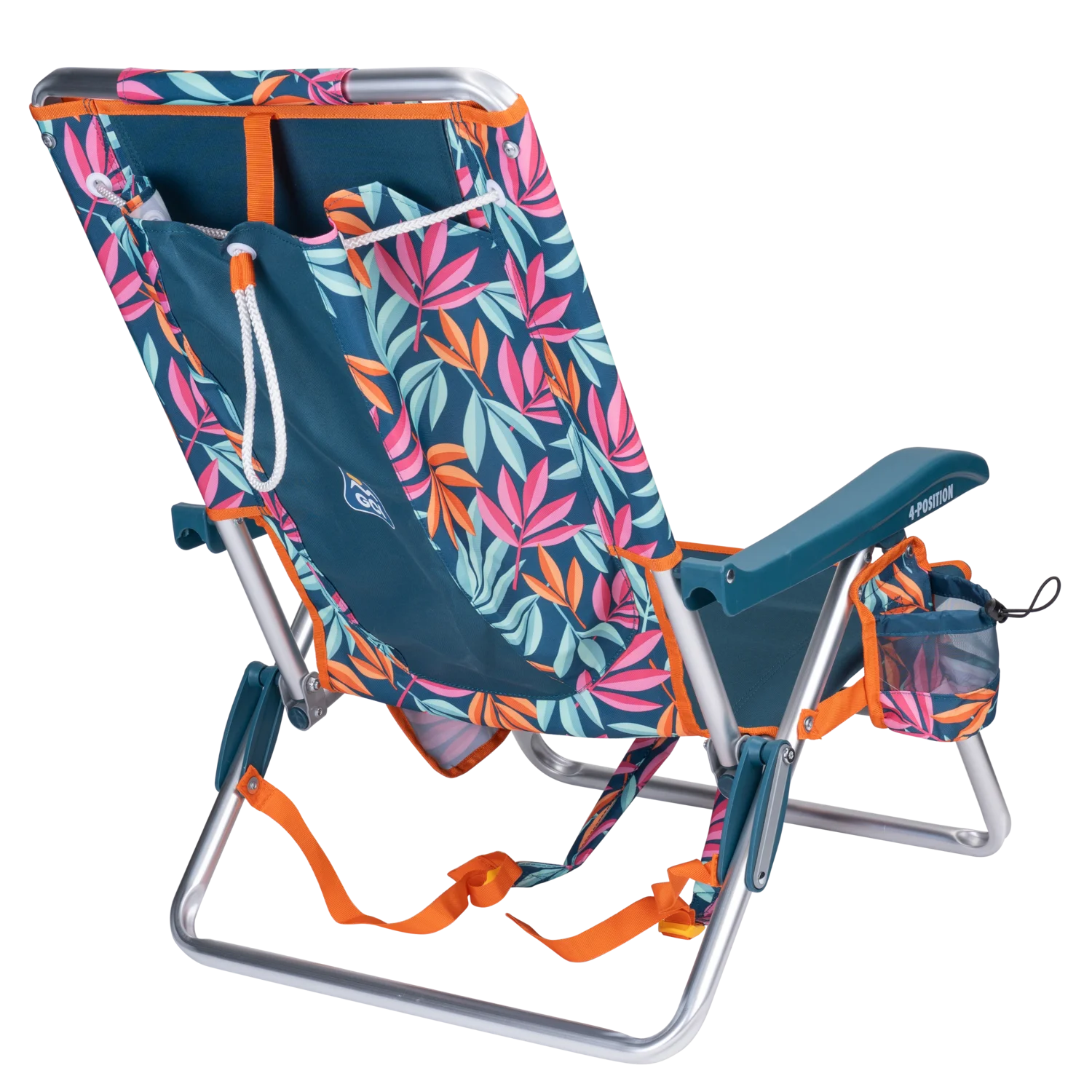 Back right angle of the Backpack Beach Chair in tropical escape print.