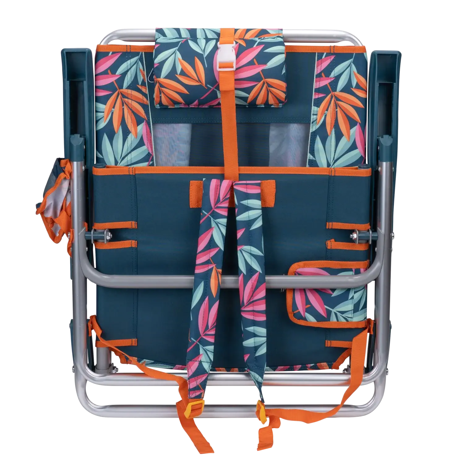 Front angle of the backpack straps on the folded Backpack Beach Chair in tropical escape print.