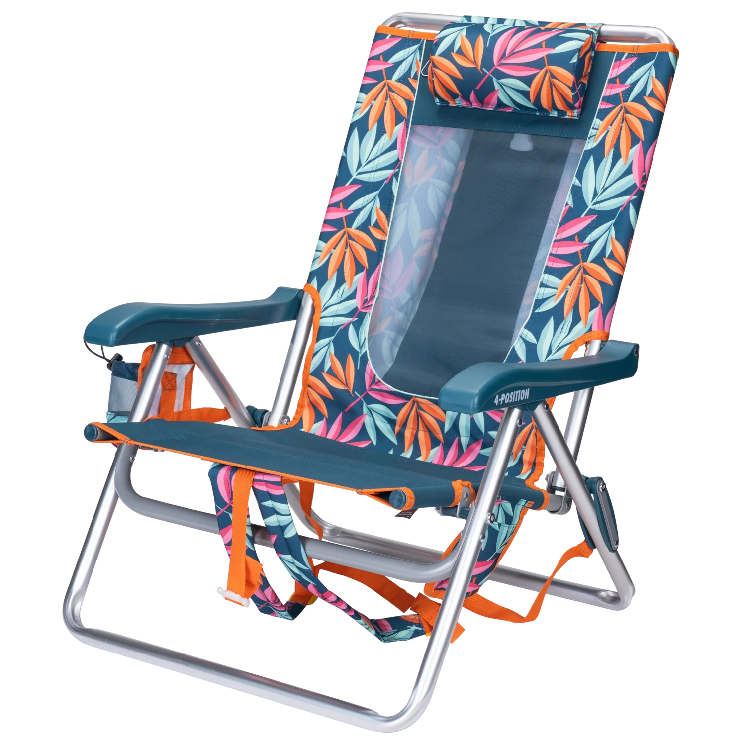 Front left angle of the Backpack Beach Chair in tropical escape print.