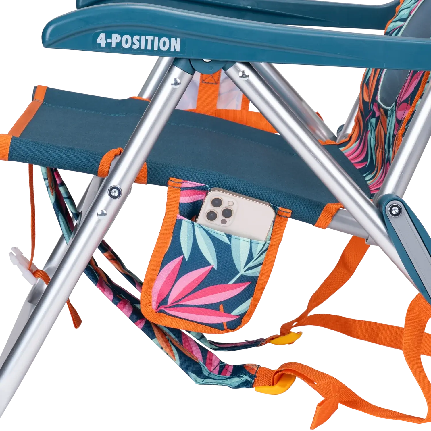 Close-up of the phone holder pocket on the Backpack Beach Chair in tropical escape print.