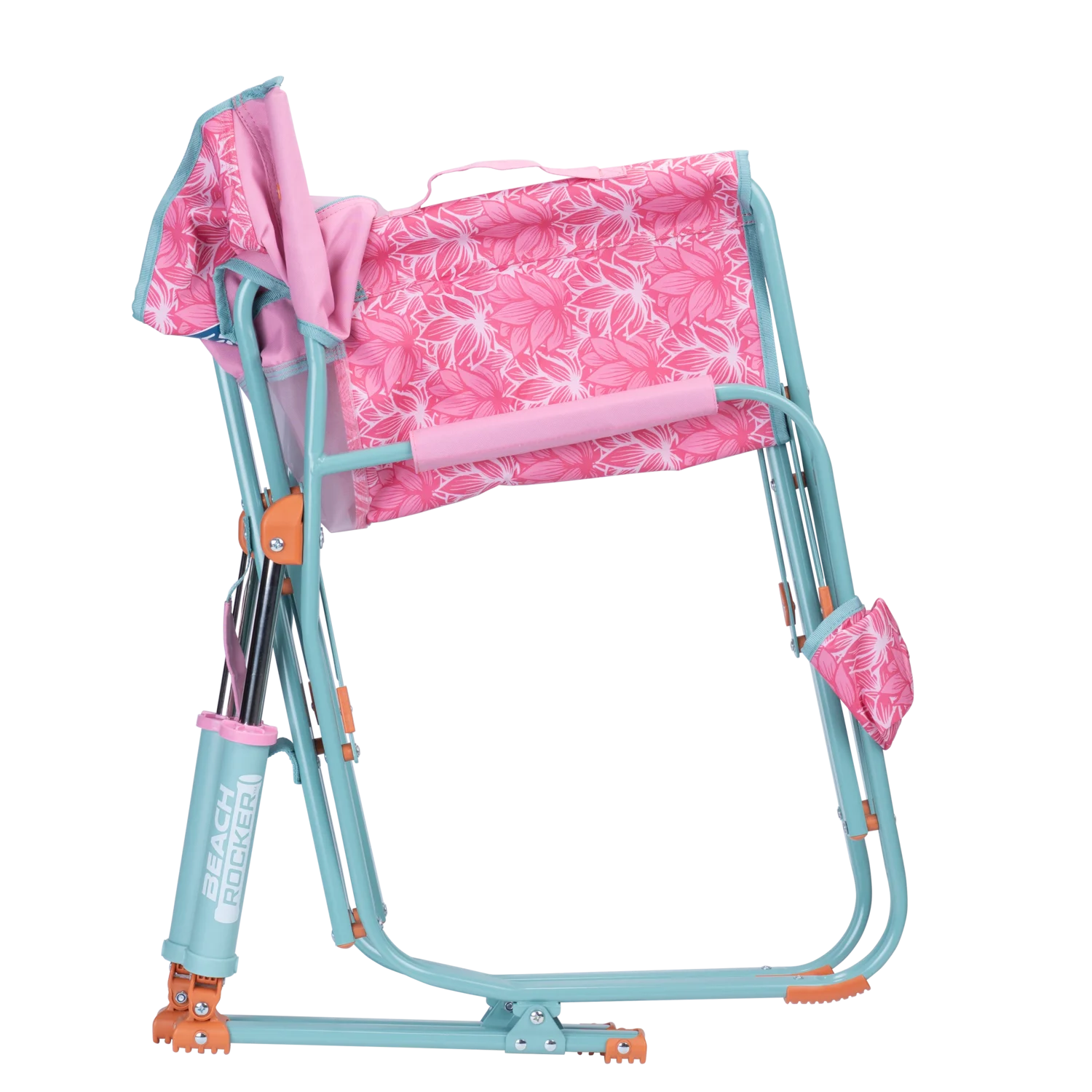Side angle of the folded Beach Rocker in pink lotus print.