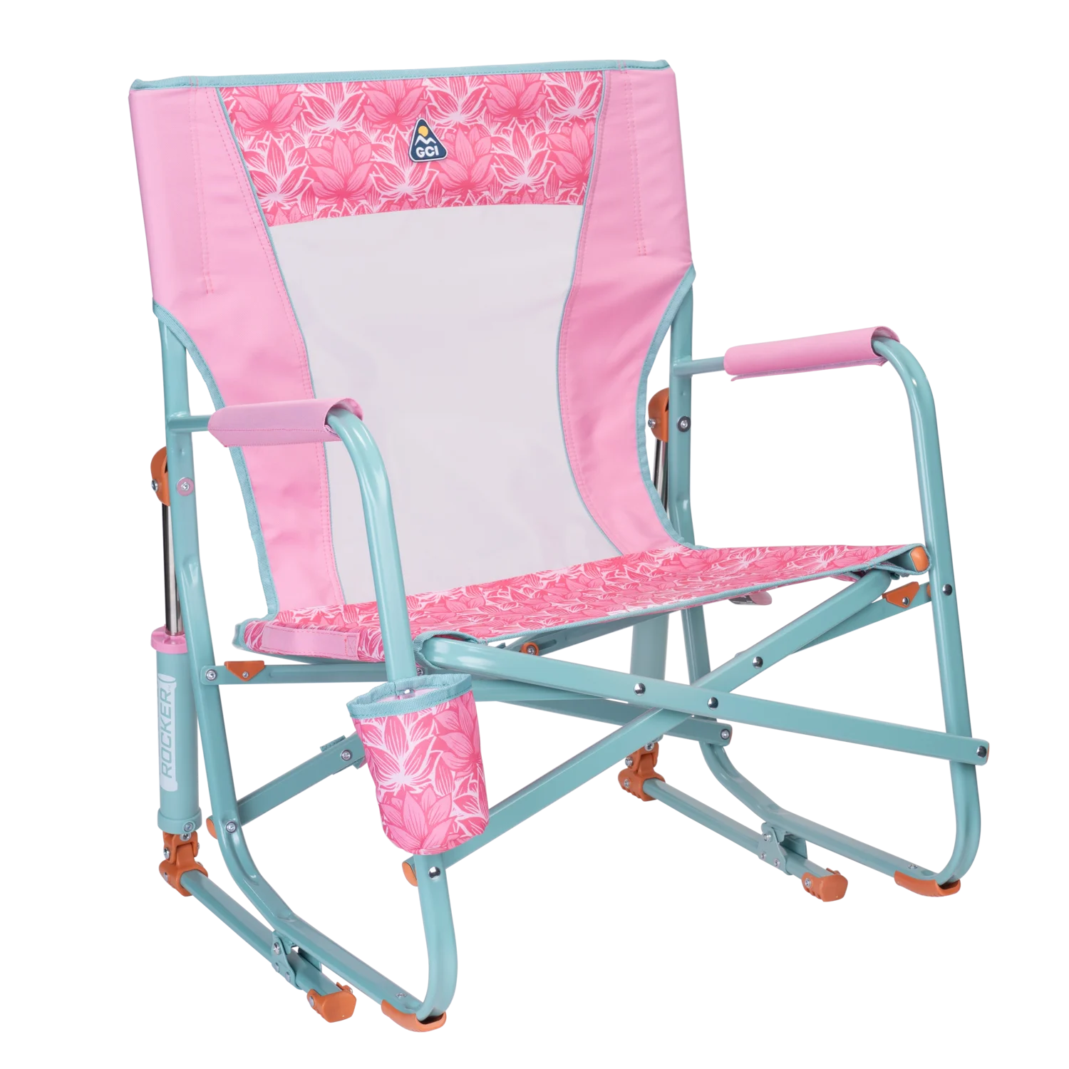 Front right angle of the Beach Rocker in pink lotus print.