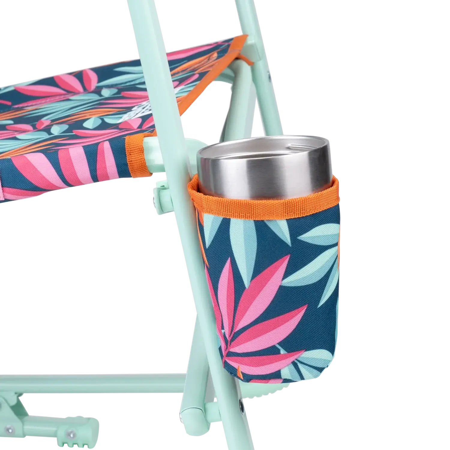 Up-close of the beverage holder on the Beach Rocker in tropical escape print.