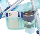 Side caddy of the wave blue Bi-Fold Beach Chair with phone pocket and cup holder.