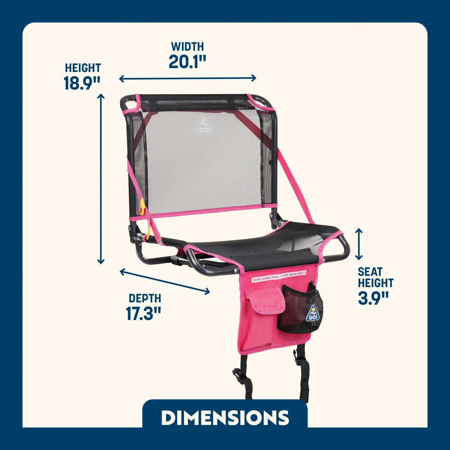 Dimension overview of the Big Comfort Stadium Chair 2.0, showing labeled seat height, width, depth, and back height.