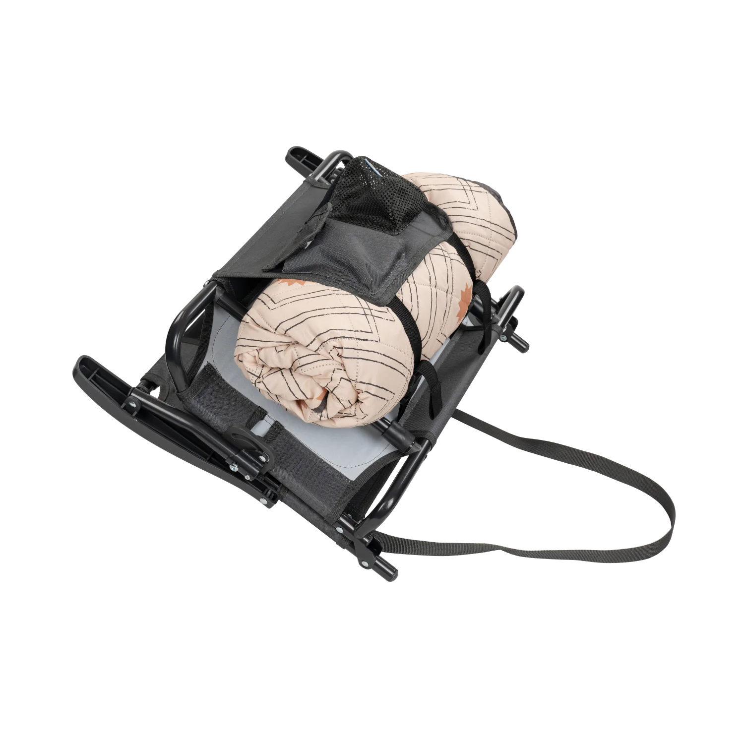 A rolled blanket stored in the pack & port caddy on the folded dark charcoal Big Comfort Stadium Chair with Armrests 2.0.