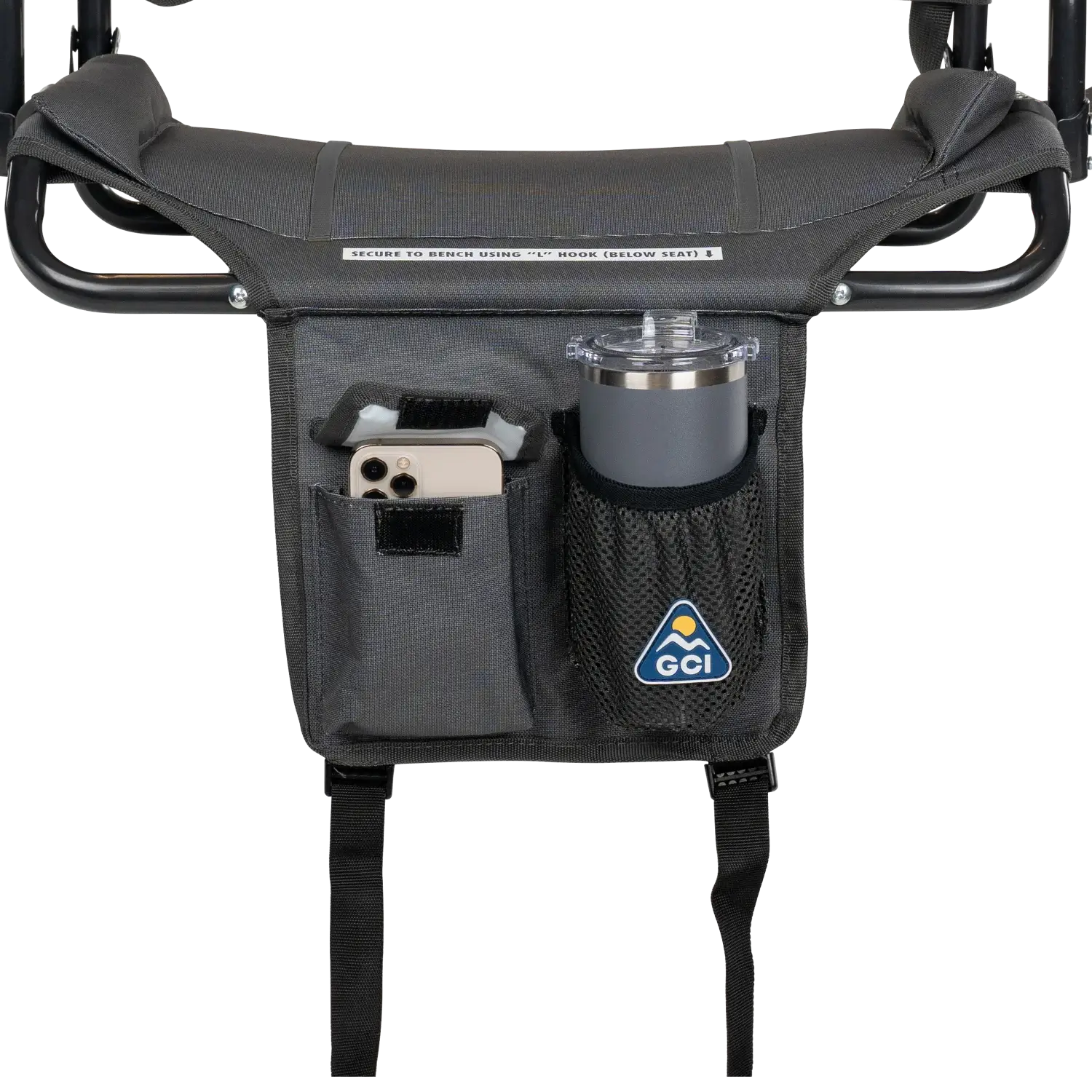 Close-up of the pack & port caddy on the dark charcoal Big Comfort Stadium Chair with Armrests 2.0.