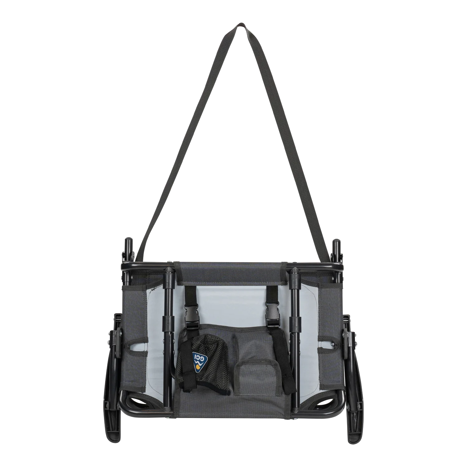 The pack & port caddy on the folded dark charcoal Big Comfort Stadium Chair with Armrests 2.0.