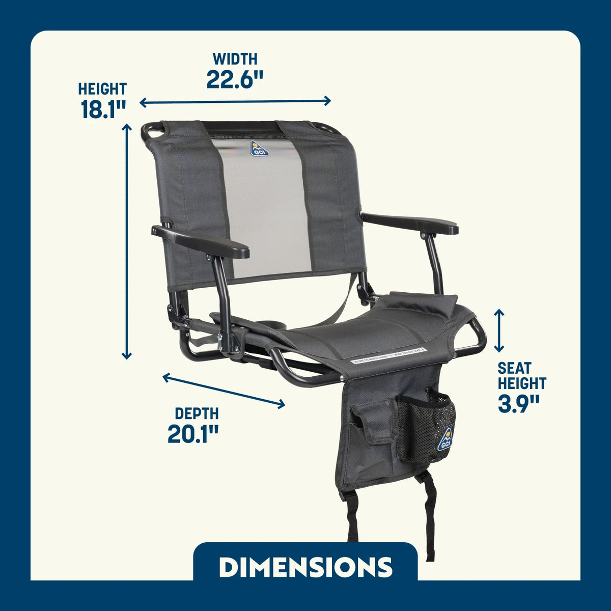 Dimension overview of the Big Comfort Stadium Chair with Armrests 2.0, showing labeled seat height, width, depth, and back height.