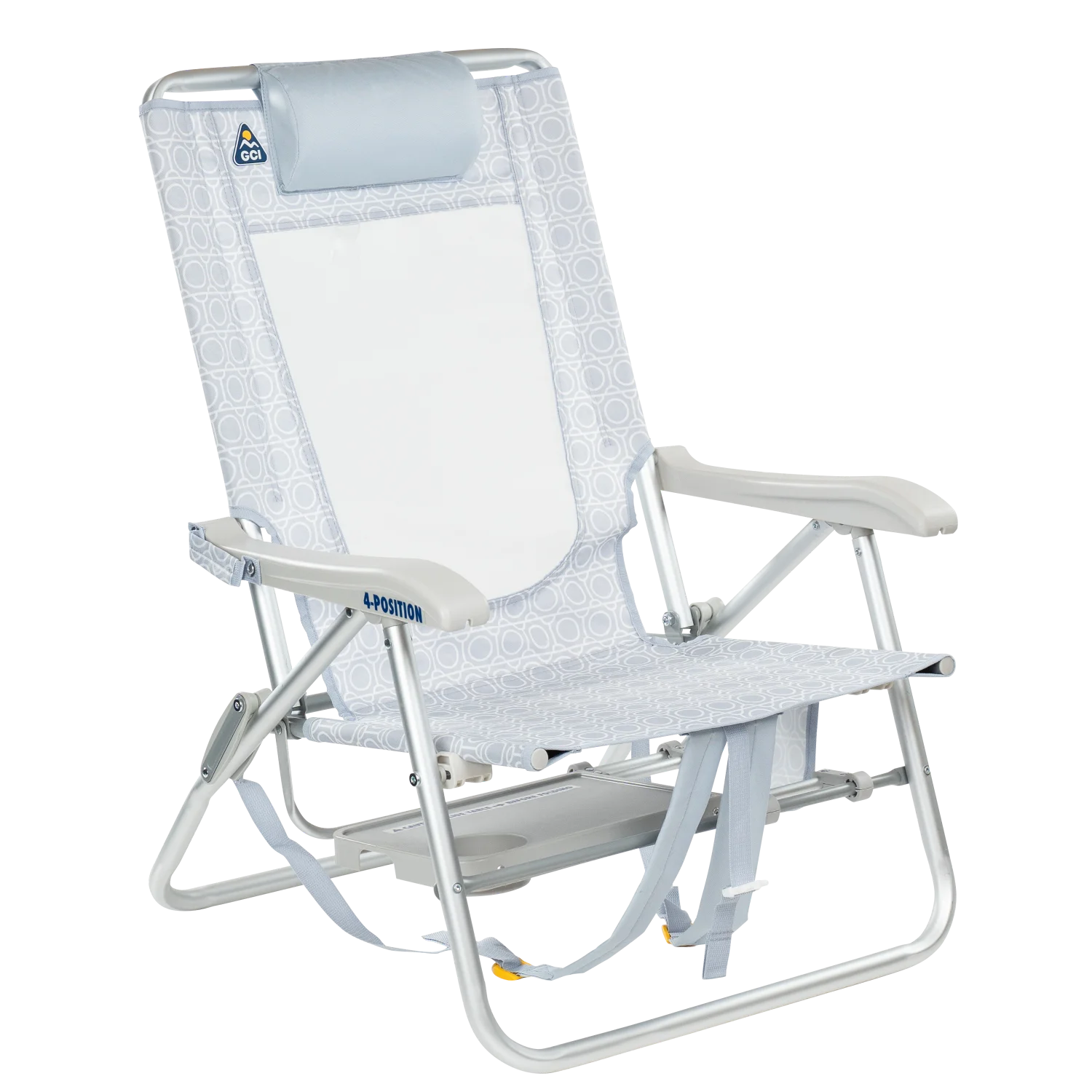 Front right view of the GCI Big Surf beach chair in light blue mosaic with the slide-out side table tucked under the seat.