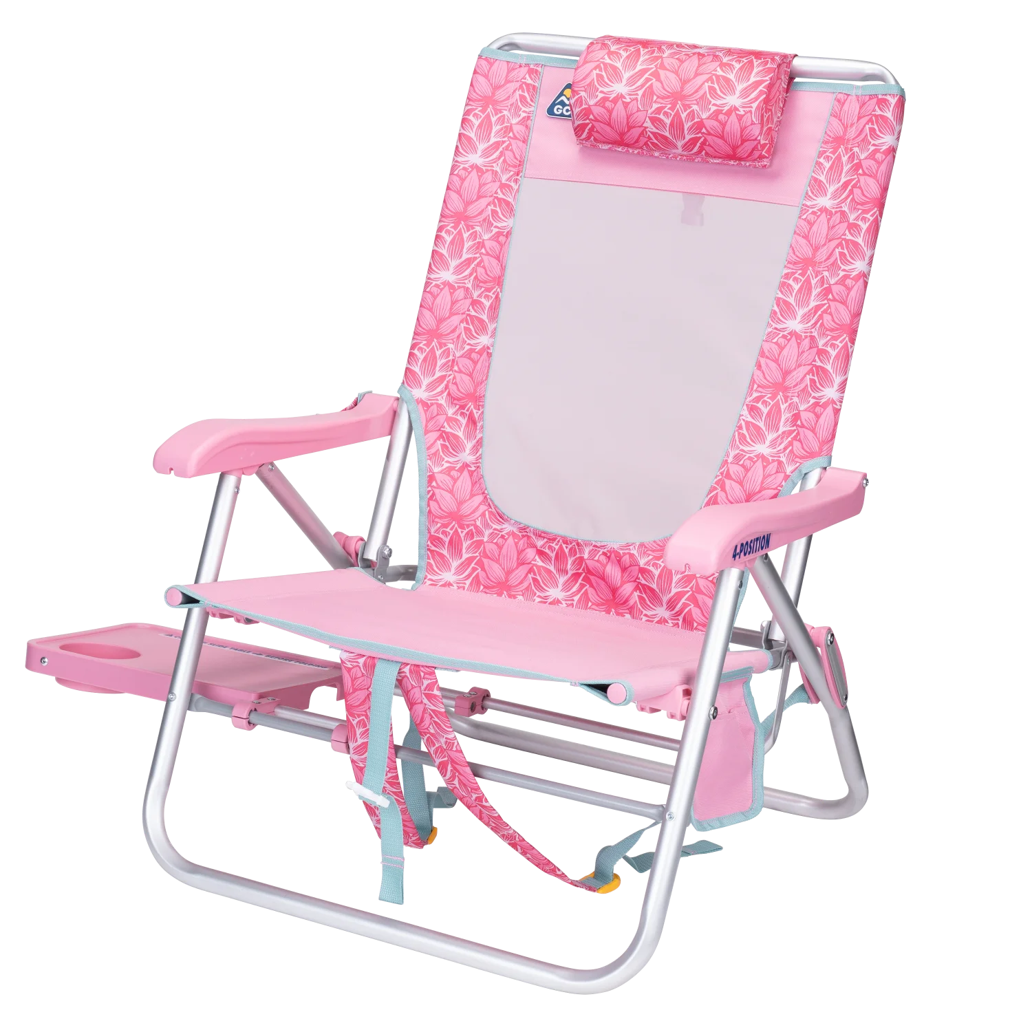 Front left view of the GCI Big Surf beach chair in pink lotus with the slide-out side table extended.