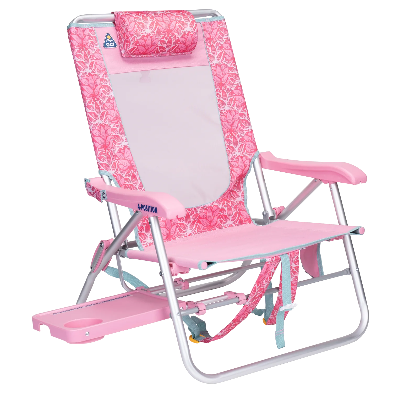 Front right view of the GCI Big Surf beach chair in pink lotus with the slide-out side table extended.