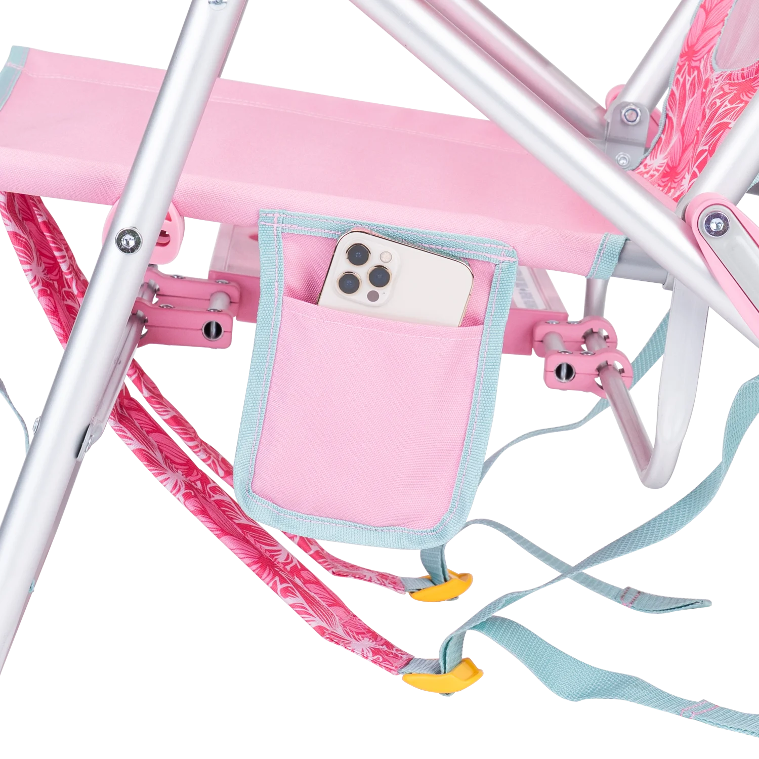 Close up view of the phone holder pocket on the Big Surf with Slide Table in pink lotus.