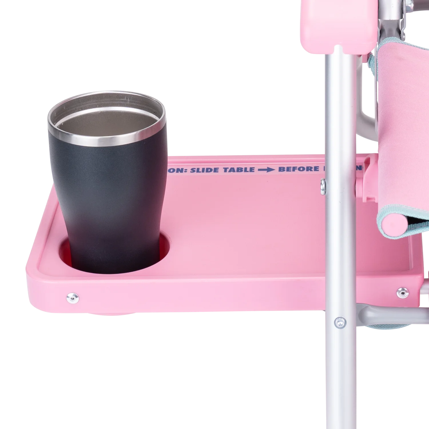 Close up view of the side table on the pink lotus Big Surf with Slide Table.