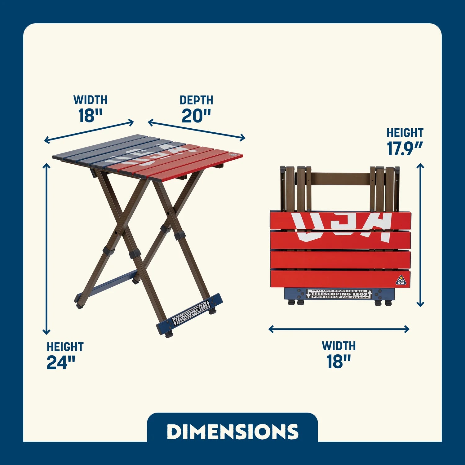 Dimension overview of the Compact Camp Table shown open and folded, with labeled height, width, and depth for both positions.