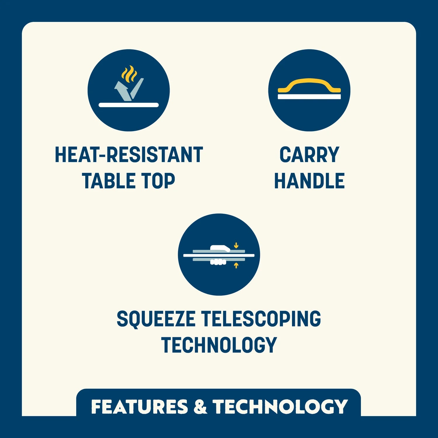 Feature callout for the Compact Camp Table showing heat-resistant tabletop, carry handle, and squeeze telescoping leg technology.