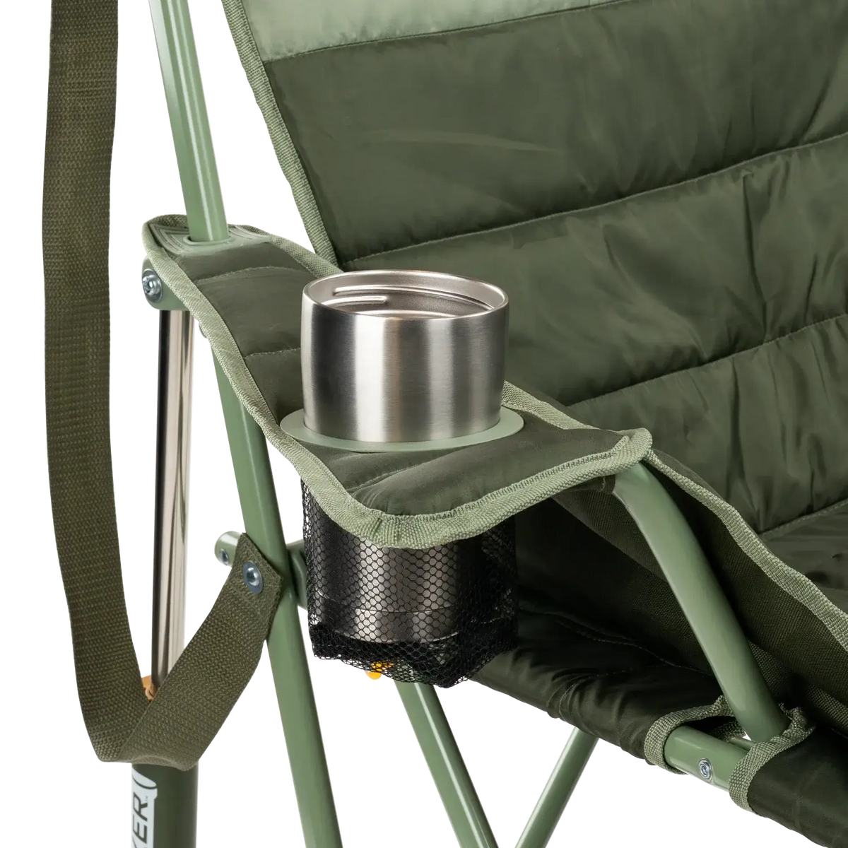 Close up view of the beverage holder on the olive Comfort Pro Insulated Rocker.