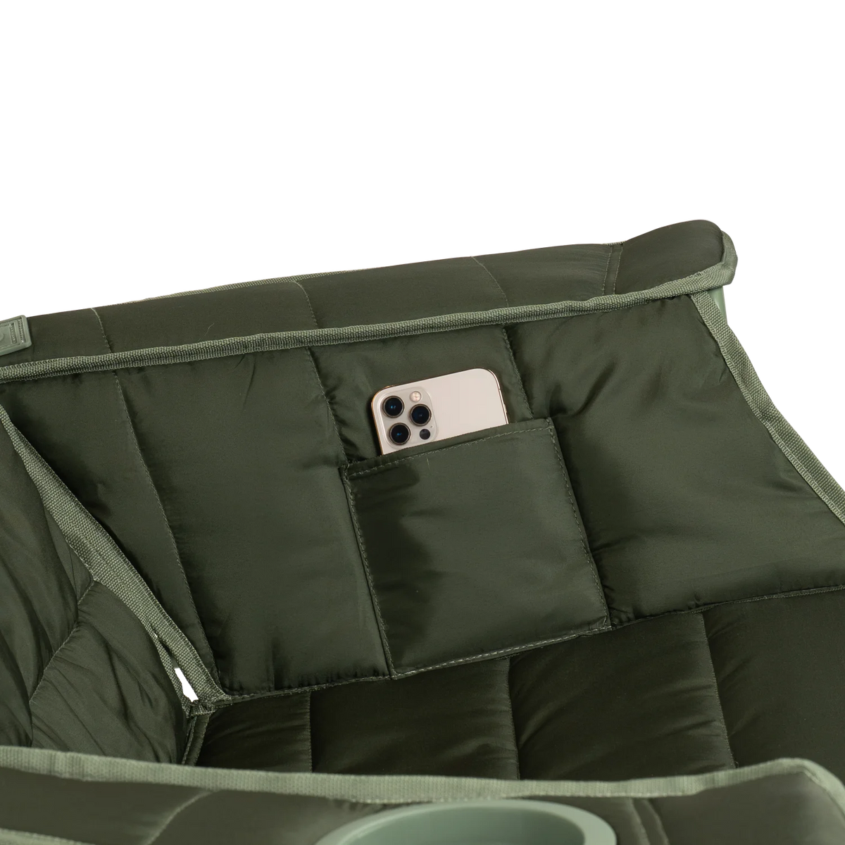 Close up view of the phone holder pocket on the olive Comfort Pro Insulated Rocker.