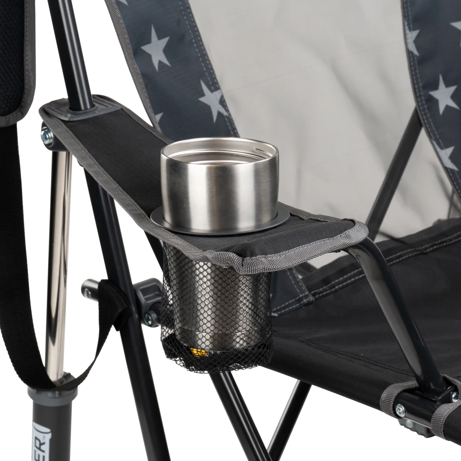 Up-close of the black Americana comfort pro rocker cup holder.