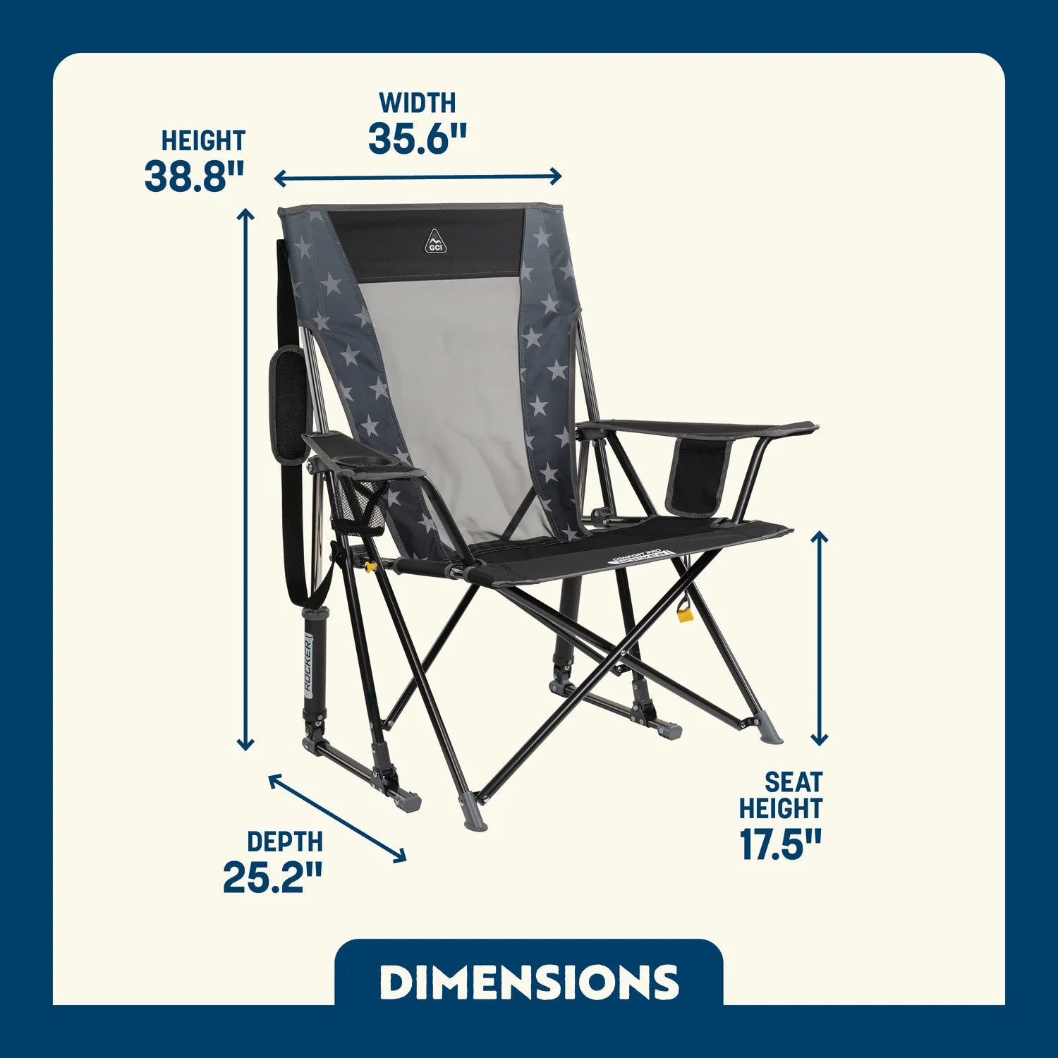 Dimensions of the comfort pro rocker in Americana black.