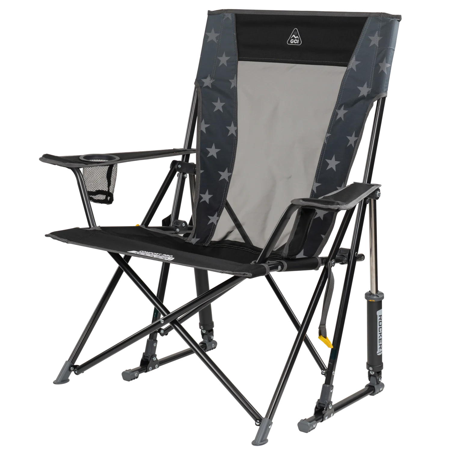 Front left angle of the Americana black comfort pro rocker.