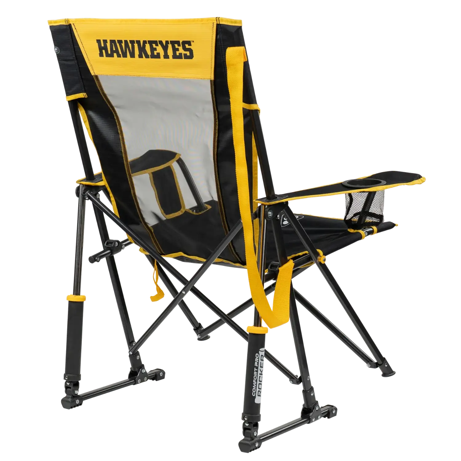 Back angle of Comfort Pro Rocker with University of Iowa print.