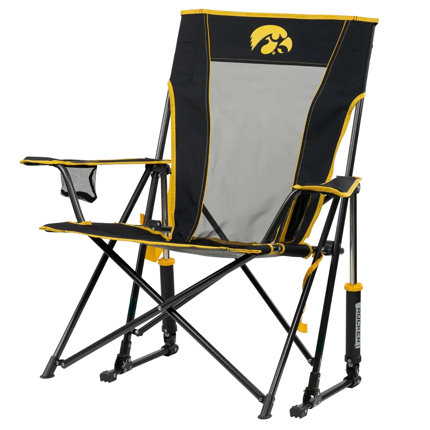 Side angle of Comfort Pro Rocker with University of Iowa print.