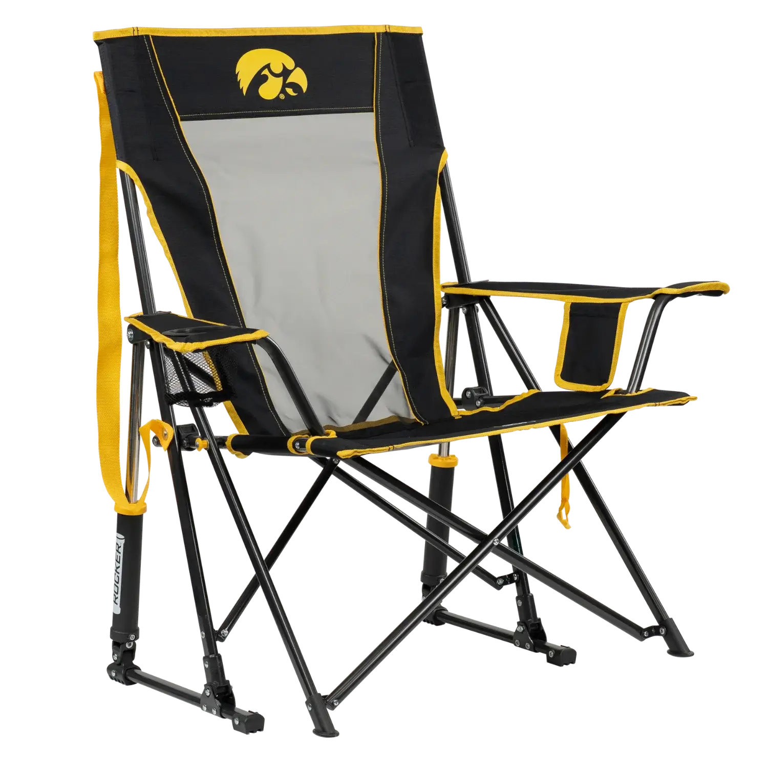 Side angle of Comfort Pro Rocker with University of Iowa print.