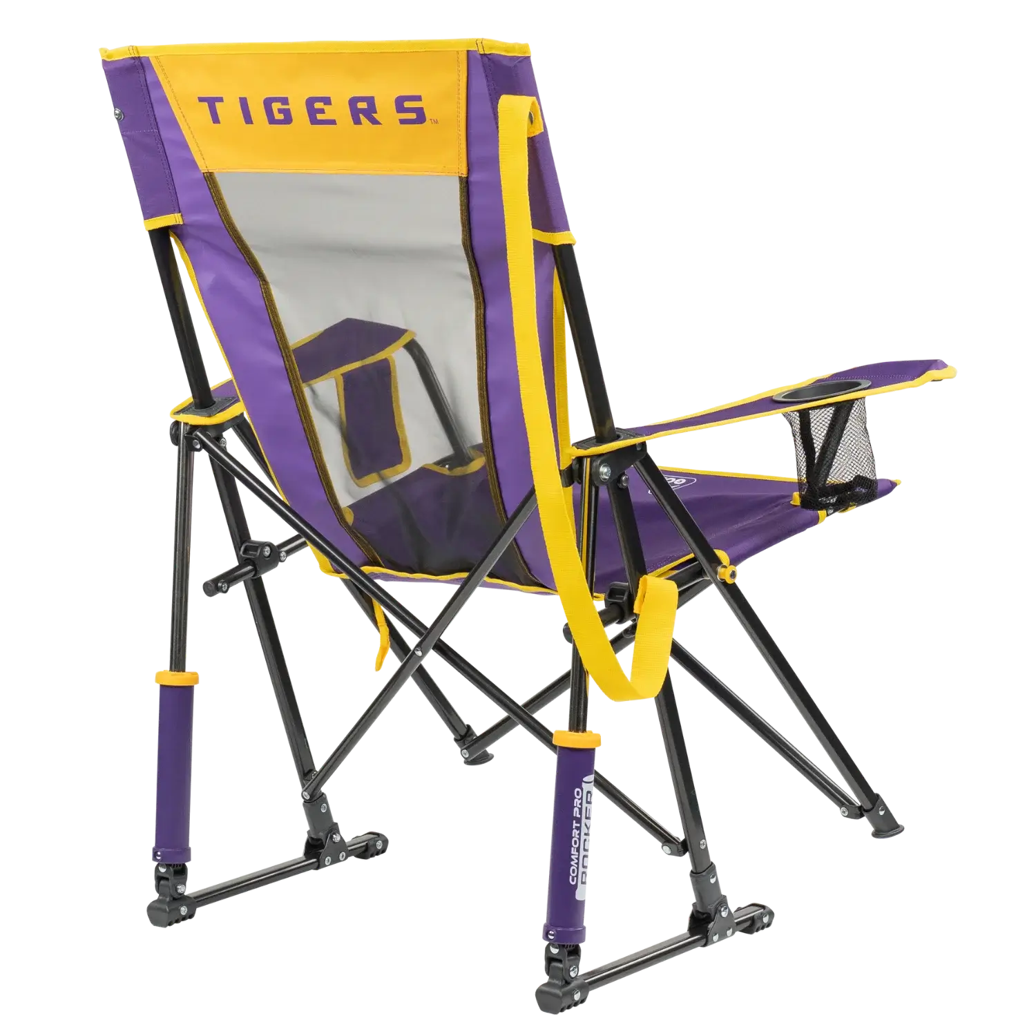 Back angle of Comfort Pro Rocker with LSU print.