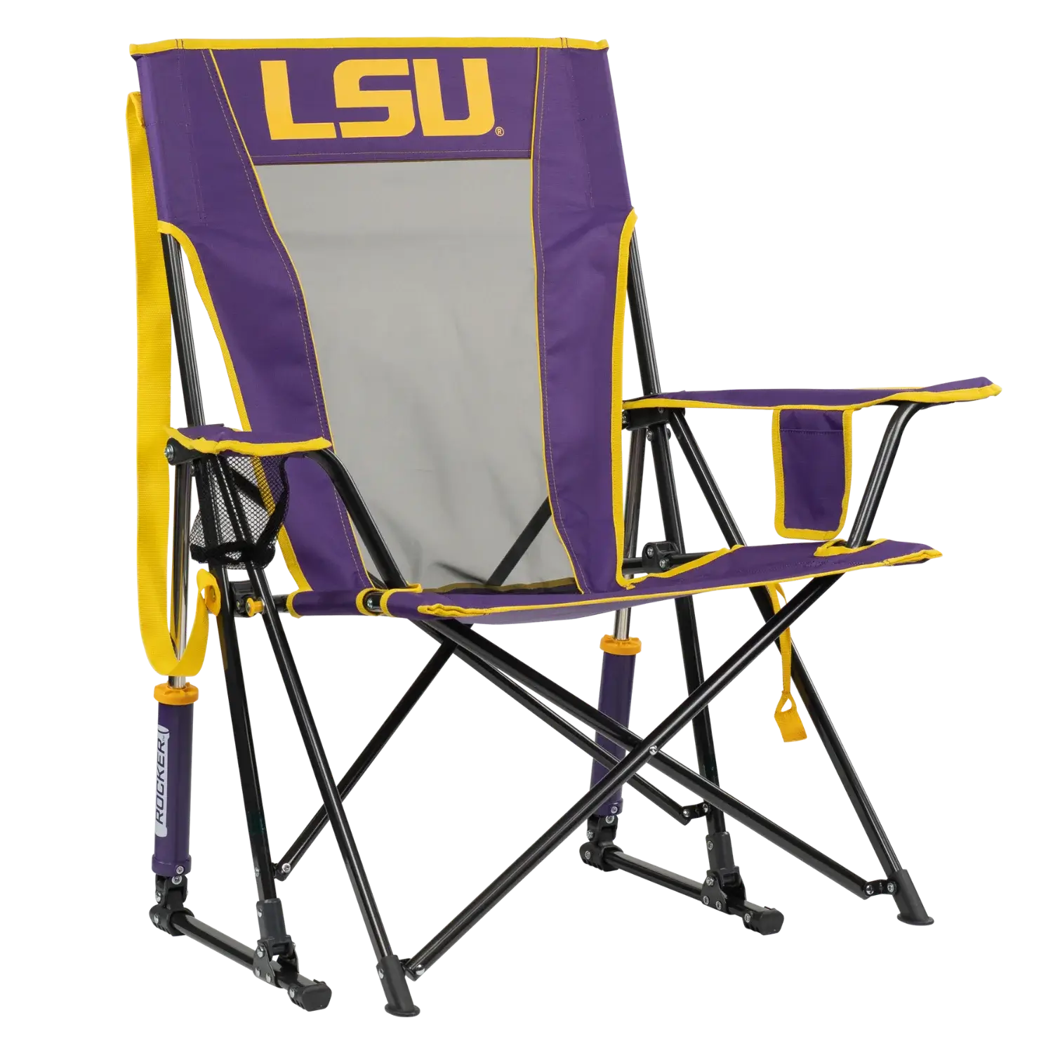 Side angle of Comfort Pro Rocker with LSU print.