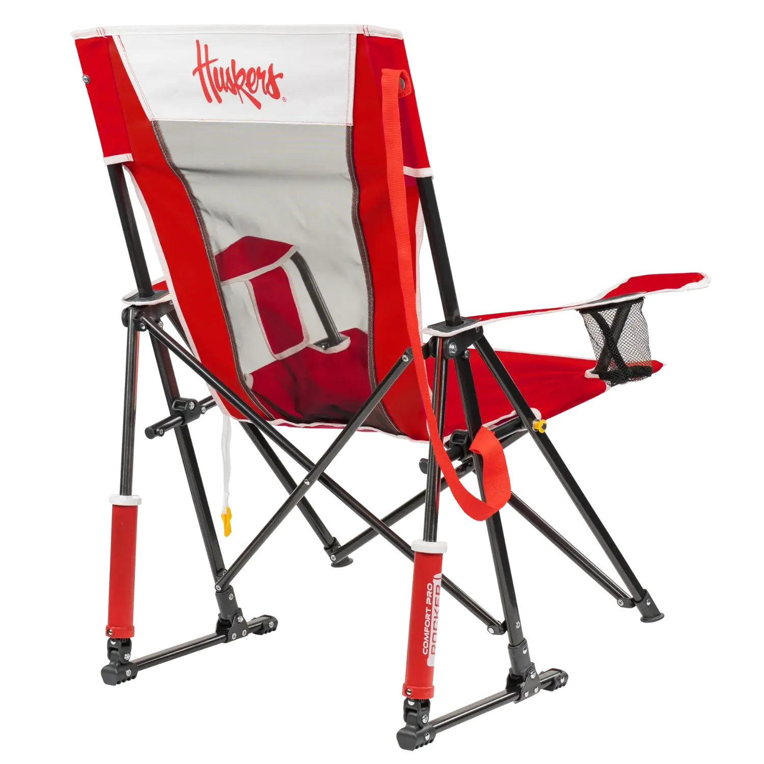 Back angle of Comfort Pro Rocker with University of Nebraska print.
