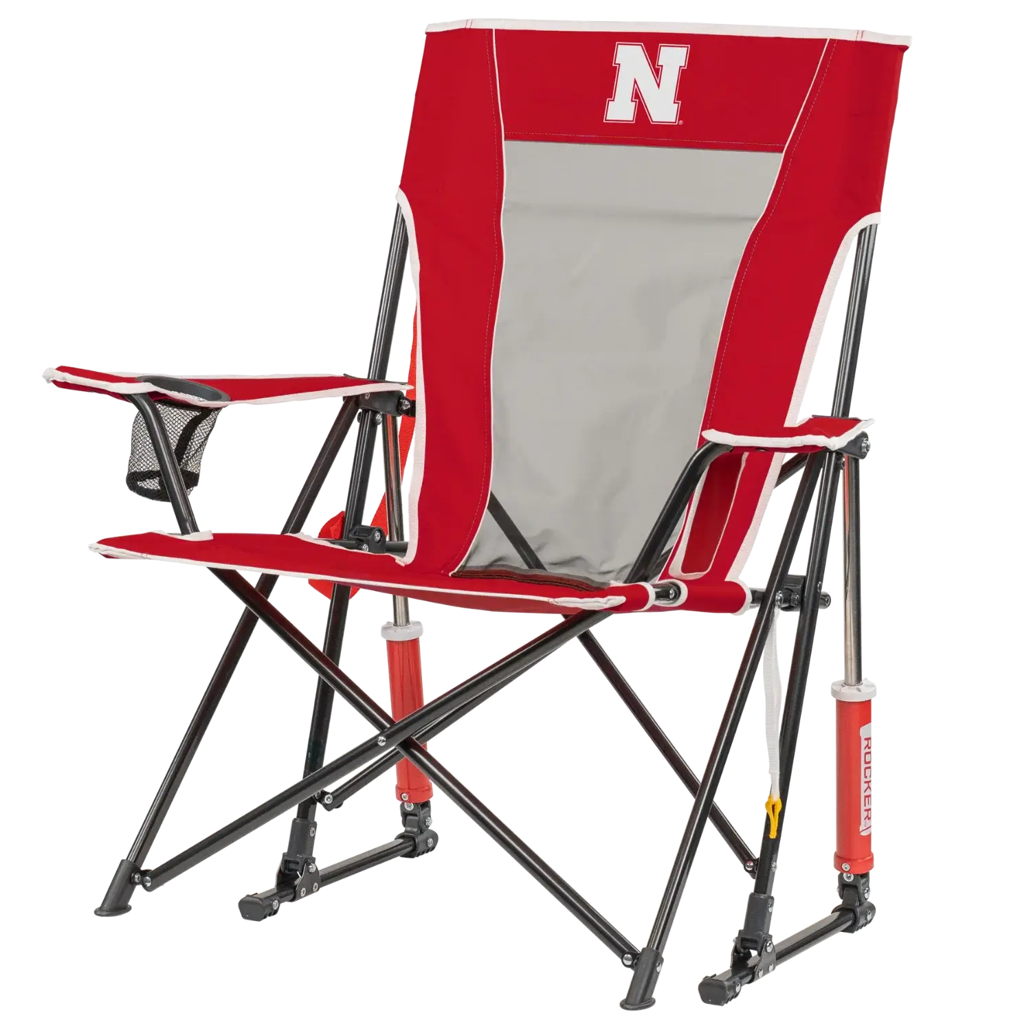 Side angle of Comfort Pro Rocker with University of Nebraska print.