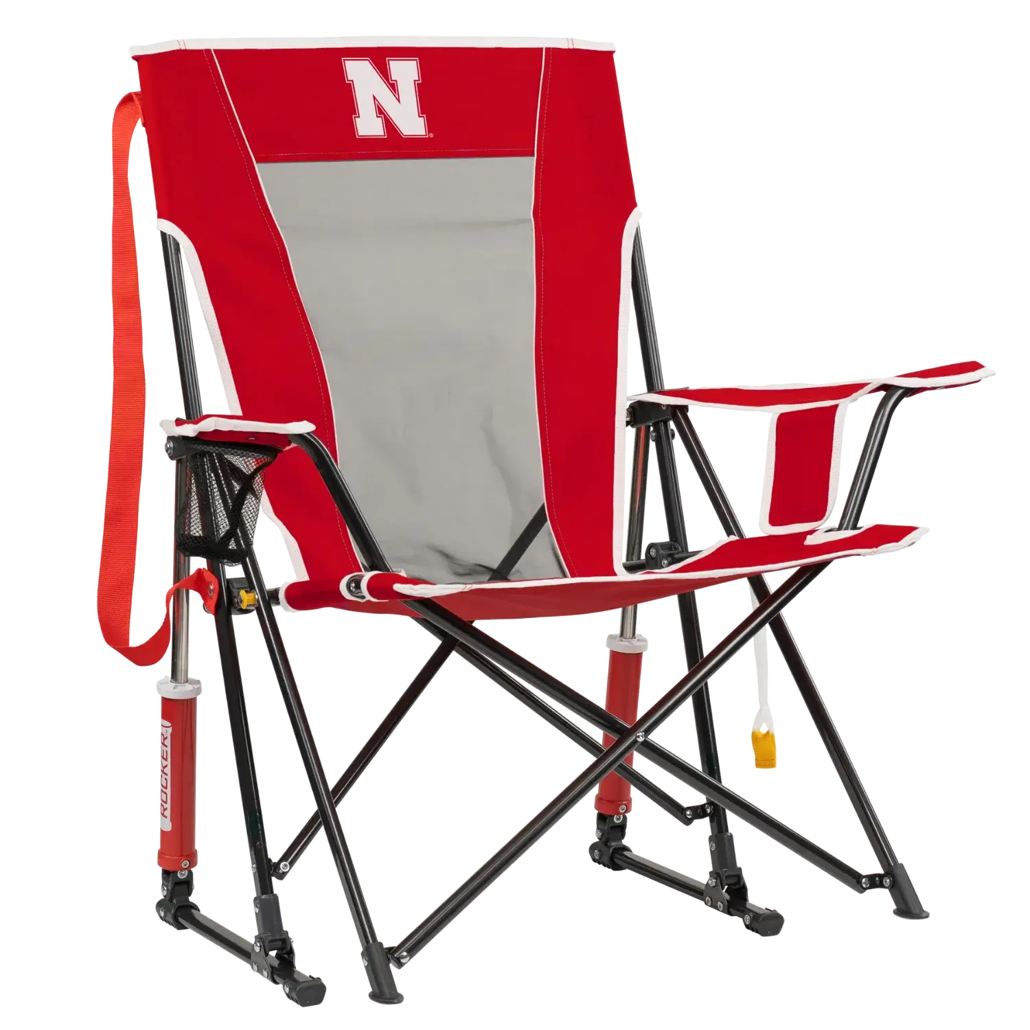 Side angle of Comfort Pro Rocker with University of Nebraska print.
