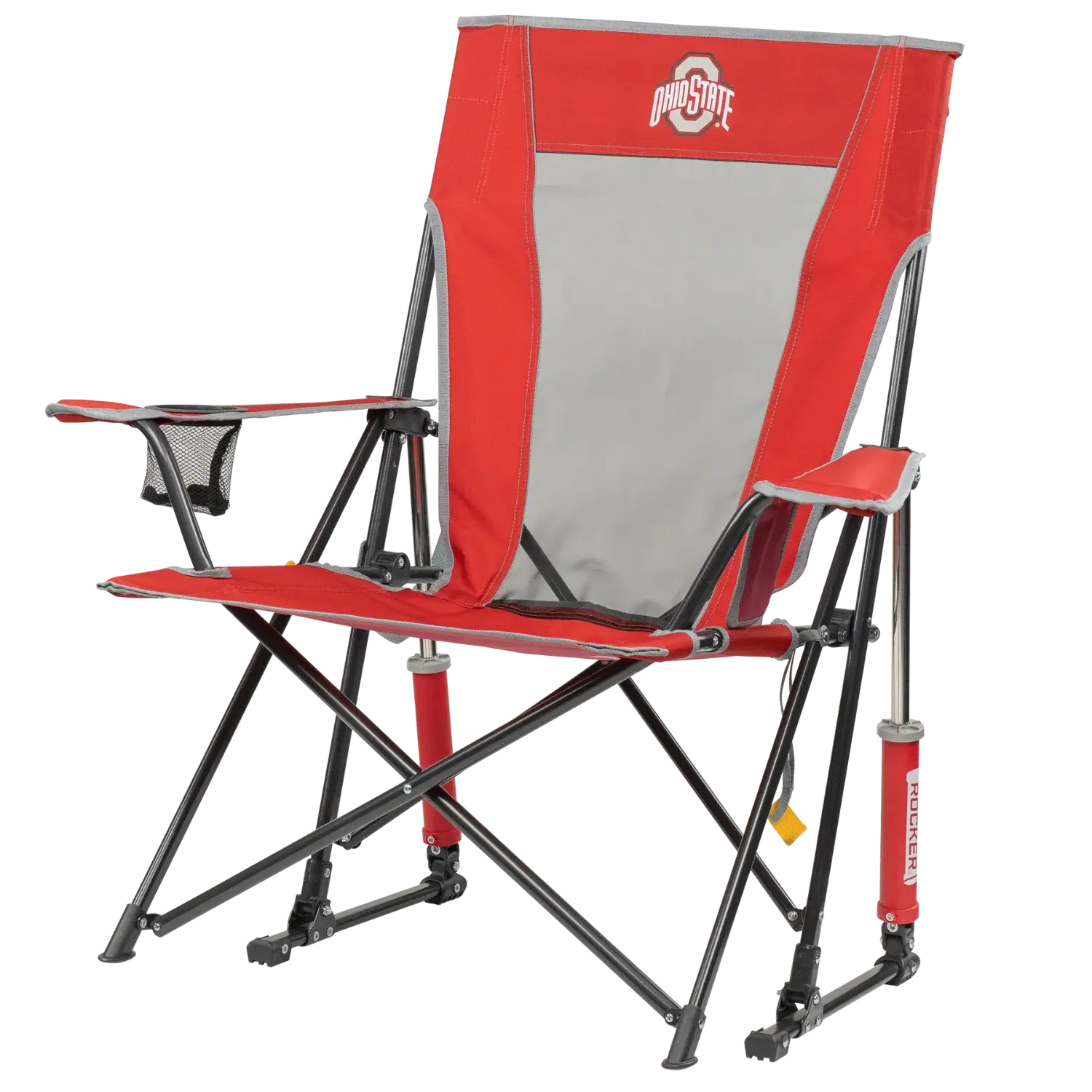 Side angle of Comfort Pro Rocker with Ohio State University print.